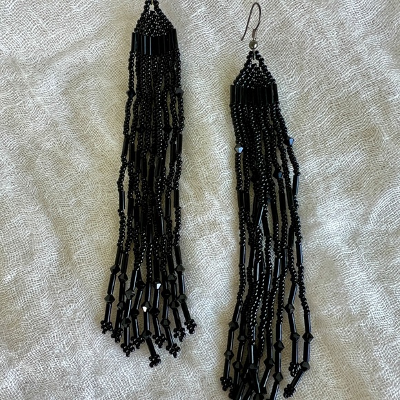 Vintage Jet Glass Beaded Shoulder Duster Earrings – 6″ Long – Sterling Hooks - Picture 5 of 8